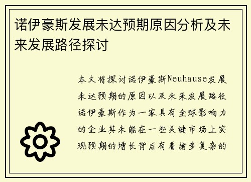 诺伊豪斯发展未达预期原因分析及未来发展路径探讨